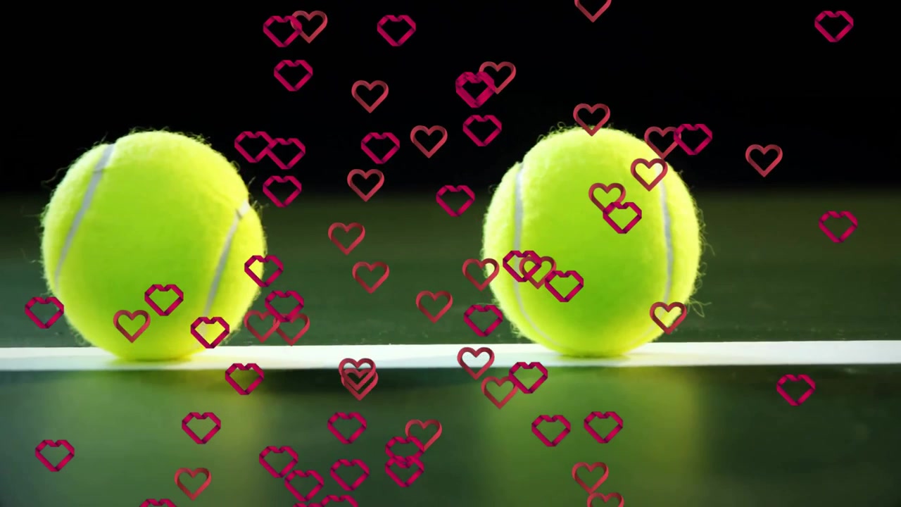 After heart icons rising yellow tennis balls sliding along line celebrating pairing