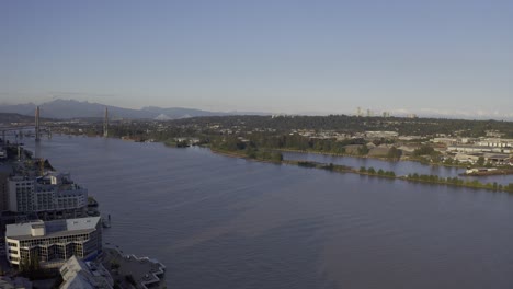 aerial panaramic east south new westminster quay fraser river buildings townhomes hotels bridges