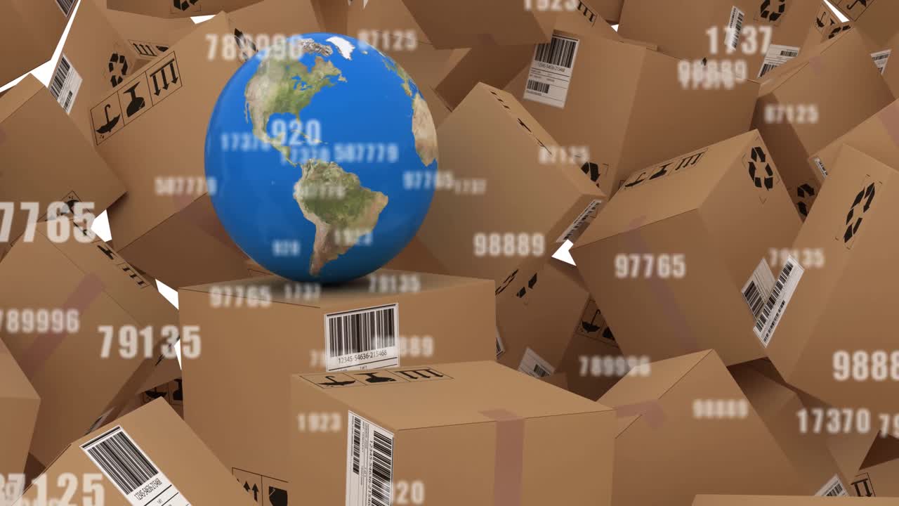 Animation of numbers changing over globe and cardboard boxes in background