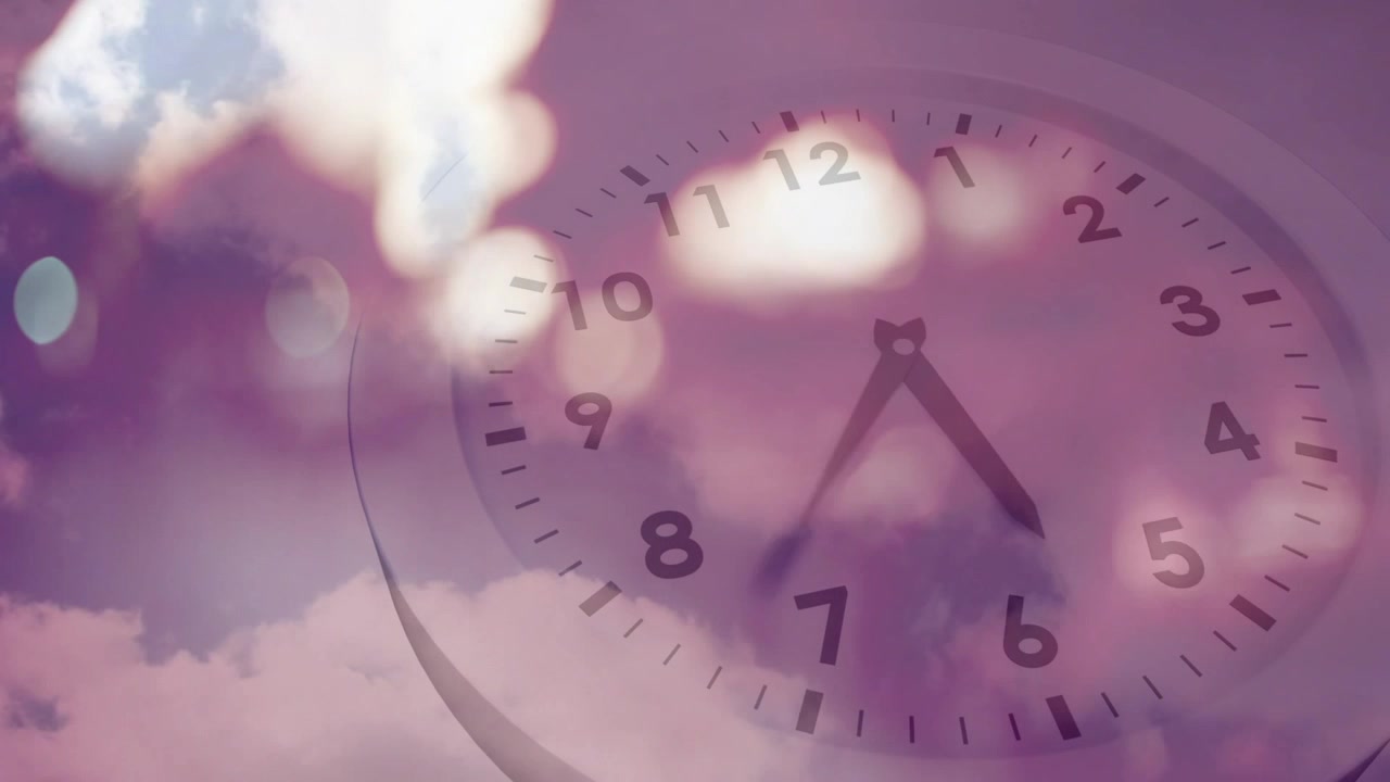Playback starting showing semi-transparent analog clock moving hands over purple clouds for design