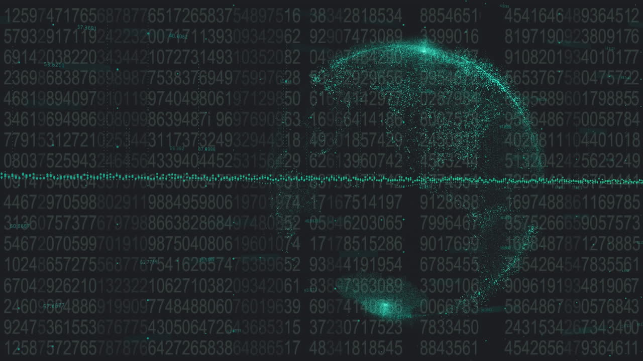 Digital composite video of globe spinning against data processing in background