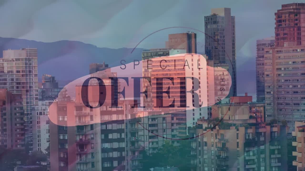 composición digital de un banner de texto de oferta especial contra una vista aérea del paisaje urbano