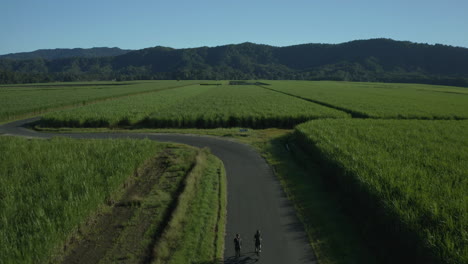 兩個騎單車的人在鄉村的空中拍攝