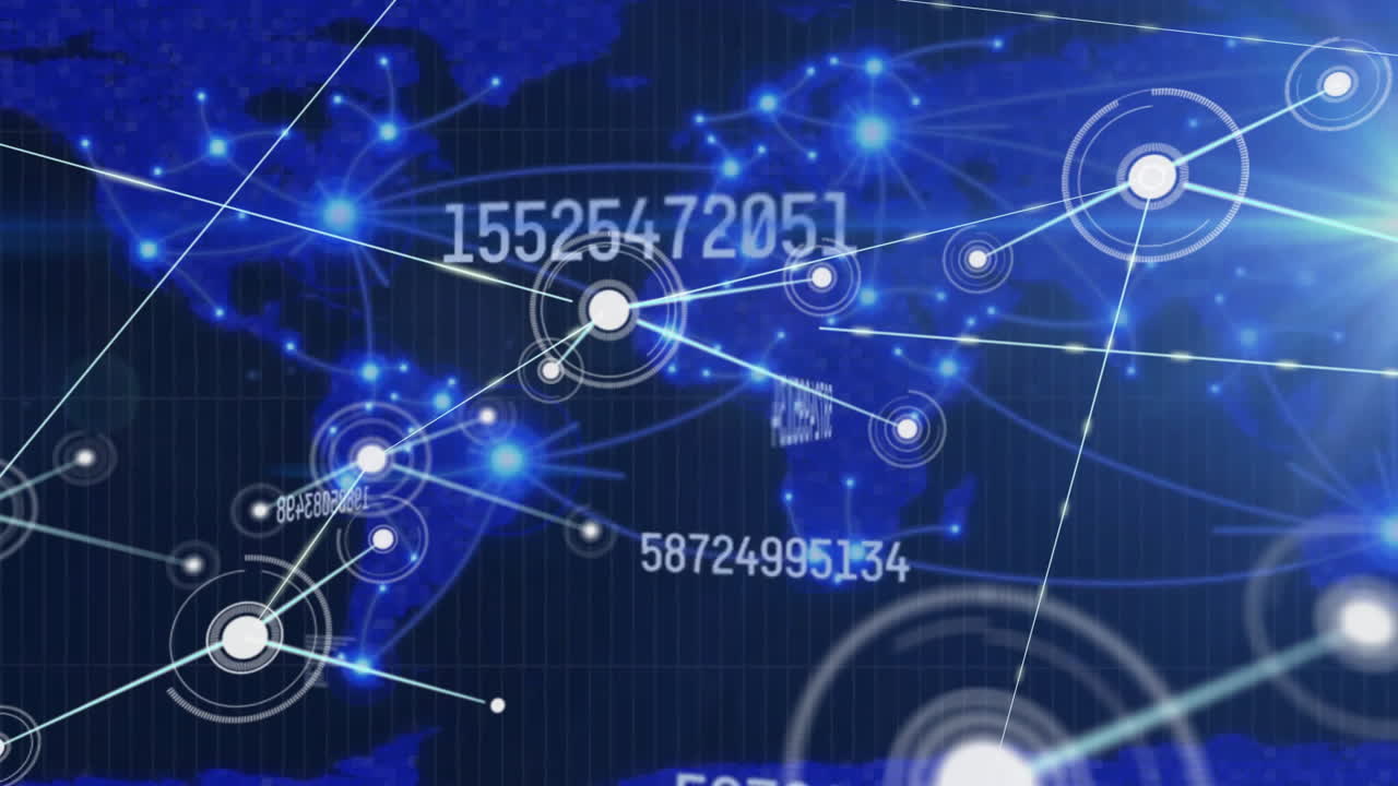 Animation of network of connections and world map on dark background