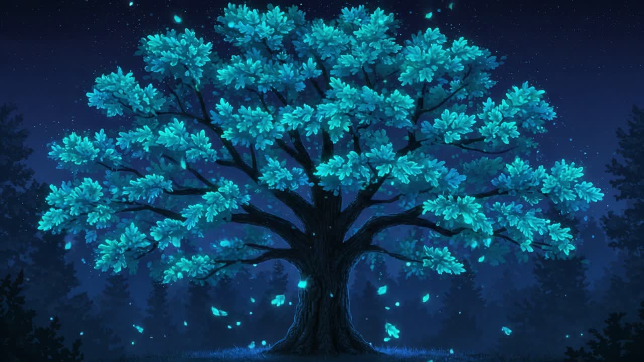 Illuminated Tree at Night: A Majestic Blue Tree Bathed in Soft Glow, Surrounded by a Mystical Forest Landscape Under a Starry Sky