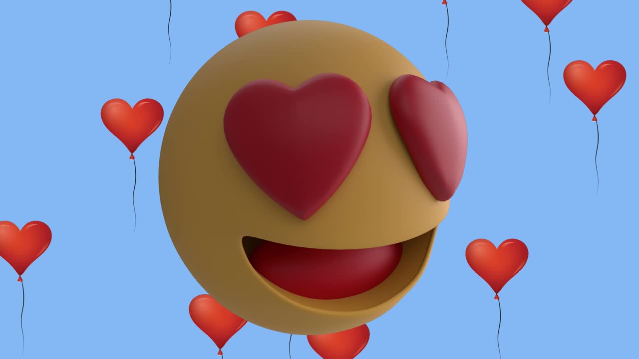animación del icono de emoji sonriente con corazones rojos con iconos de globos de corazón rojo sobre fondo azul