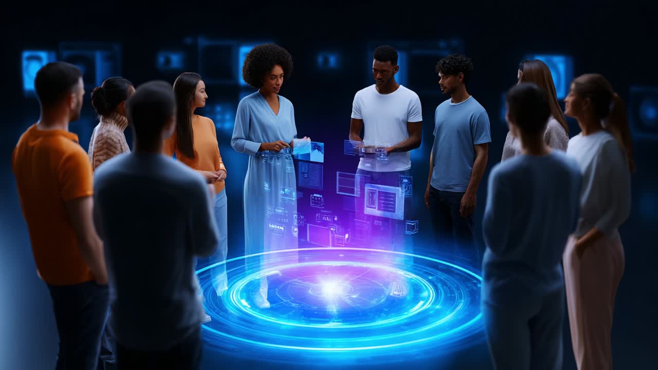A diverse group of individuals, gathered in an interactive setting, attentively engages with a captivating digital holographic display, showcasing innovative presentations and advanced technology within a mesmerizing virtual environment