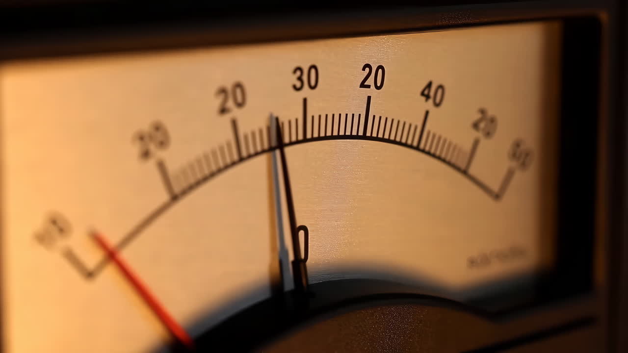 Close-up of an Analog Meter Indicating Audio Levels