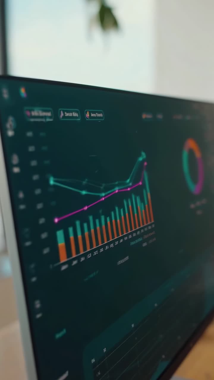 Professional Woman Working on Computer with Data Charts in Modern Office
