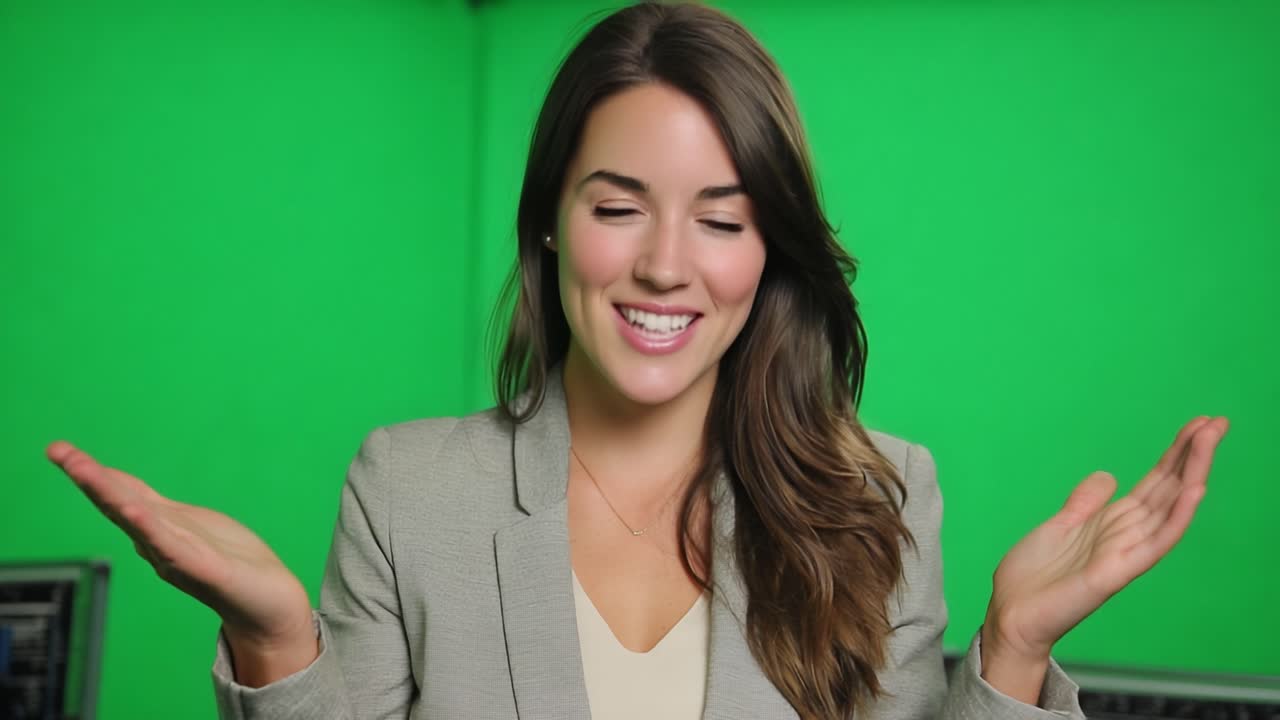 A Confident Female Presenter Engaging the Audience with a Warm Smile and Outstretched Arms, Set Against a Bright Green Screen Background for Professional Video Production