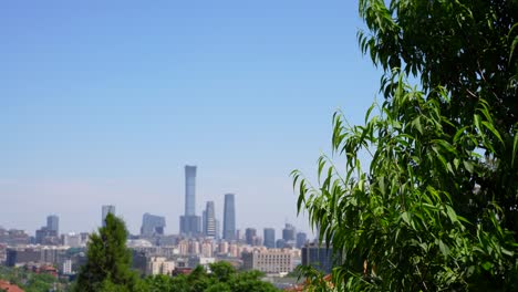 beijing skyline seen from a jingshan park as a bird flies by during a sunny day