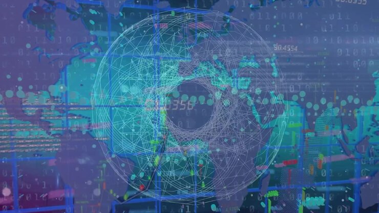 Animation of data processing over blue background