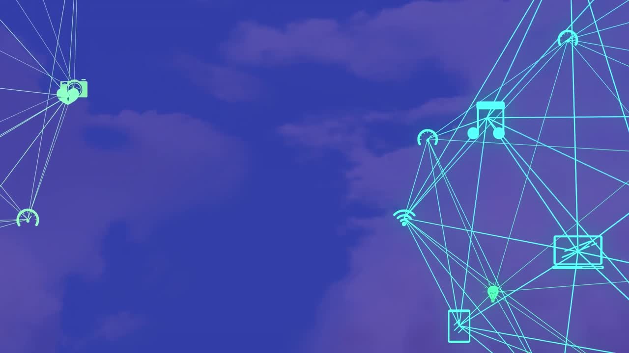 Animation of network of connections with icons on blue background