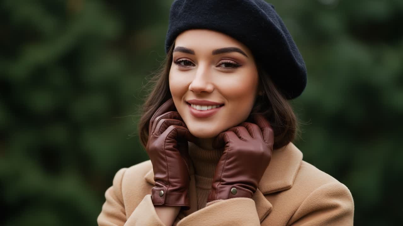 Charming Portrait of a Smiling Young Woman Wearing a Stylish Beret and Brown Gloves, Exuding Confidence and Joy Against a Natural Green Background