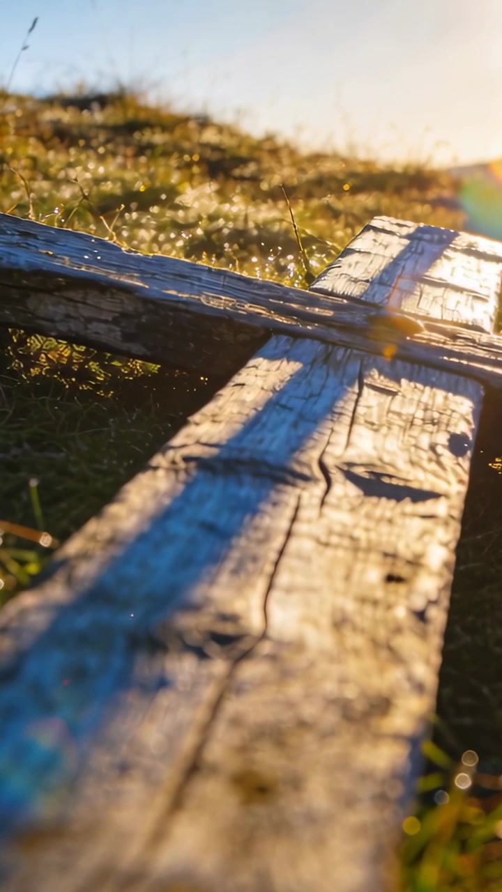 Video verticale: Telecamera che si muove lungo una tavola di legno su un prato, cambiando la messa a fuoco e rivelando grano illuminato dal sole.