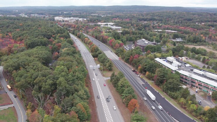 Drone footage over Donald Lynch Boulevard in Marlboro, Massachusetts