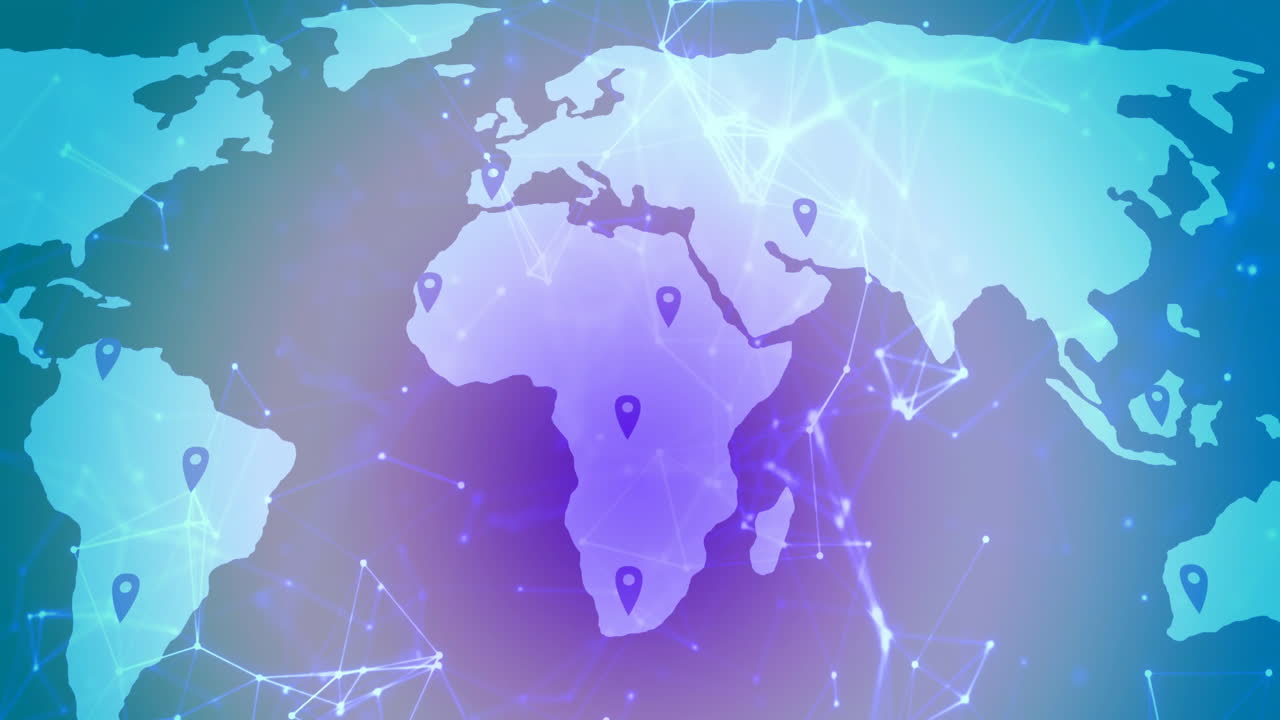Map of continents with location markers and network connections animation