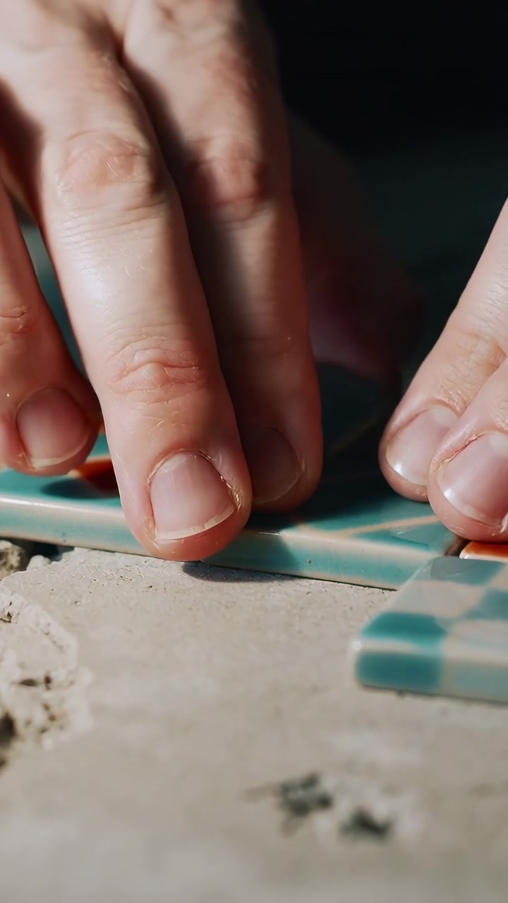 Vertical video: Picking up turquoise tile, hands aligning and pressing into mortar to match pattern