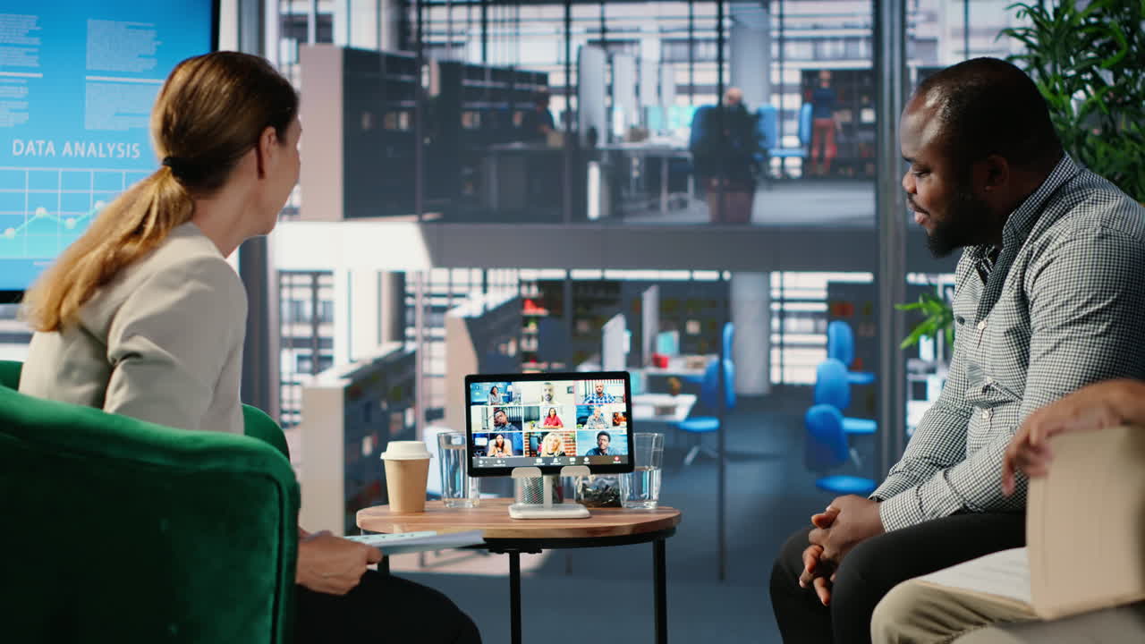 Vertical Video Corporate video call featuring teamwork among diverse business associates