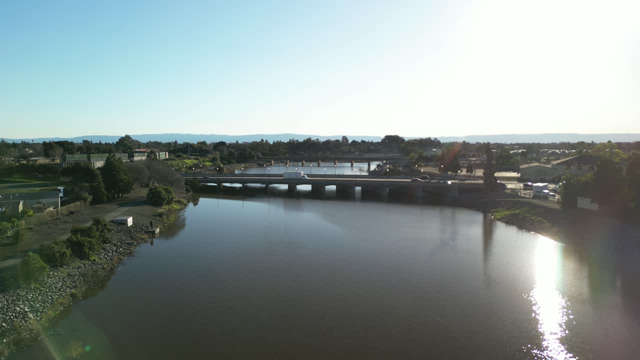 An aerial drone view of Fremont California from above, revealing its architectural details and the natural scenery around it.
