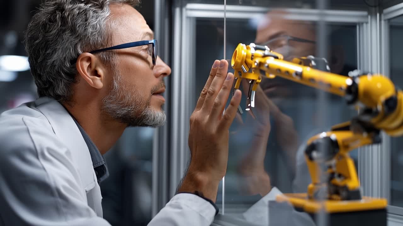 Mand observerer robot gennem glasvæg. Han grubler, nysgerrig, engageret, opmærksom. Gul arm bevæger sig inde i den gennemsigtige indkapsling. Videnskab, innovation og menneske-maskine-interaktion