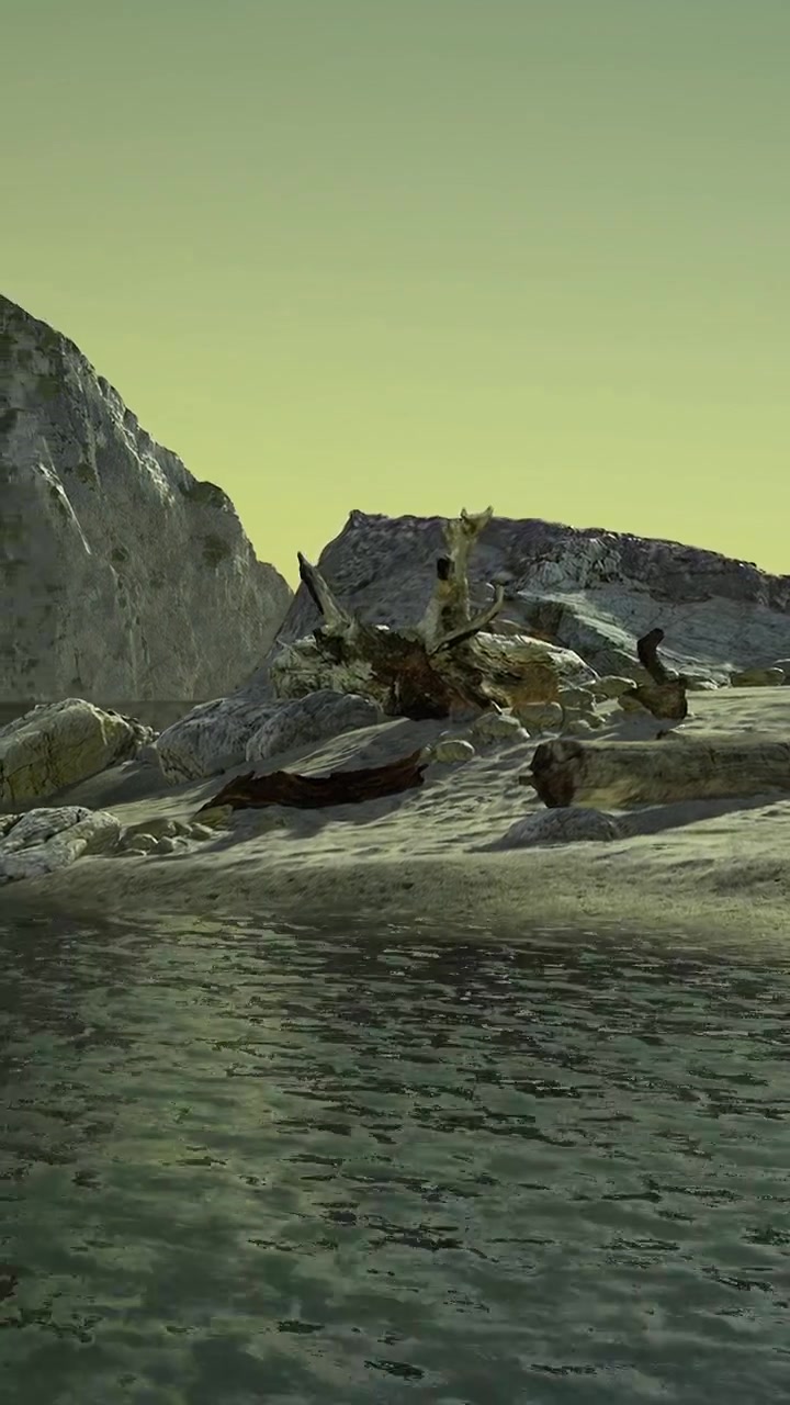 Grandi rocce vicino a uno specchio d'acqua calmo, presso una montagna, con luce soffusa.