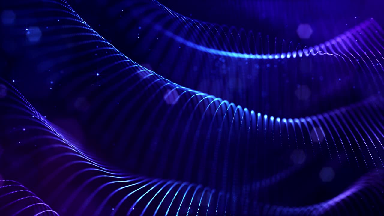 Glow blue particles form lines, surfaces, complex string structures in smooth motion like in microworld or space. 4k looped sci-fi particle background with bokeh and light effects.