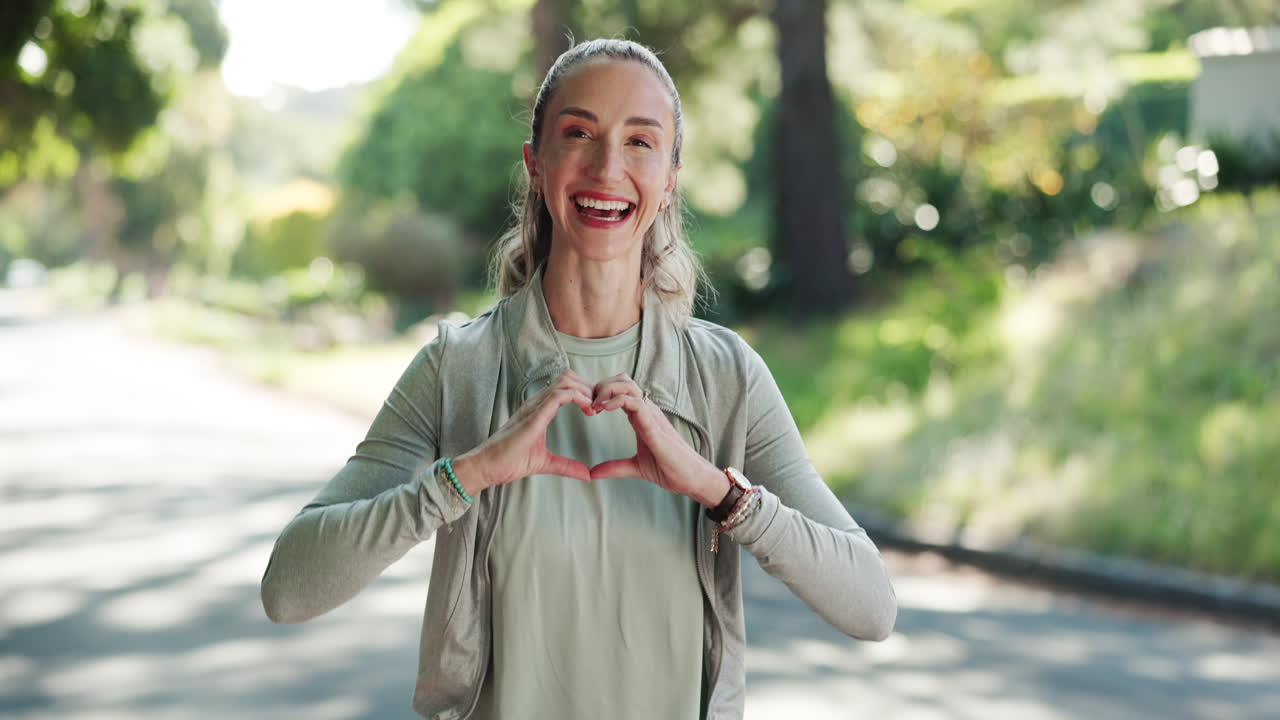 Donna felice che fa un cuore con le mani all'aperto