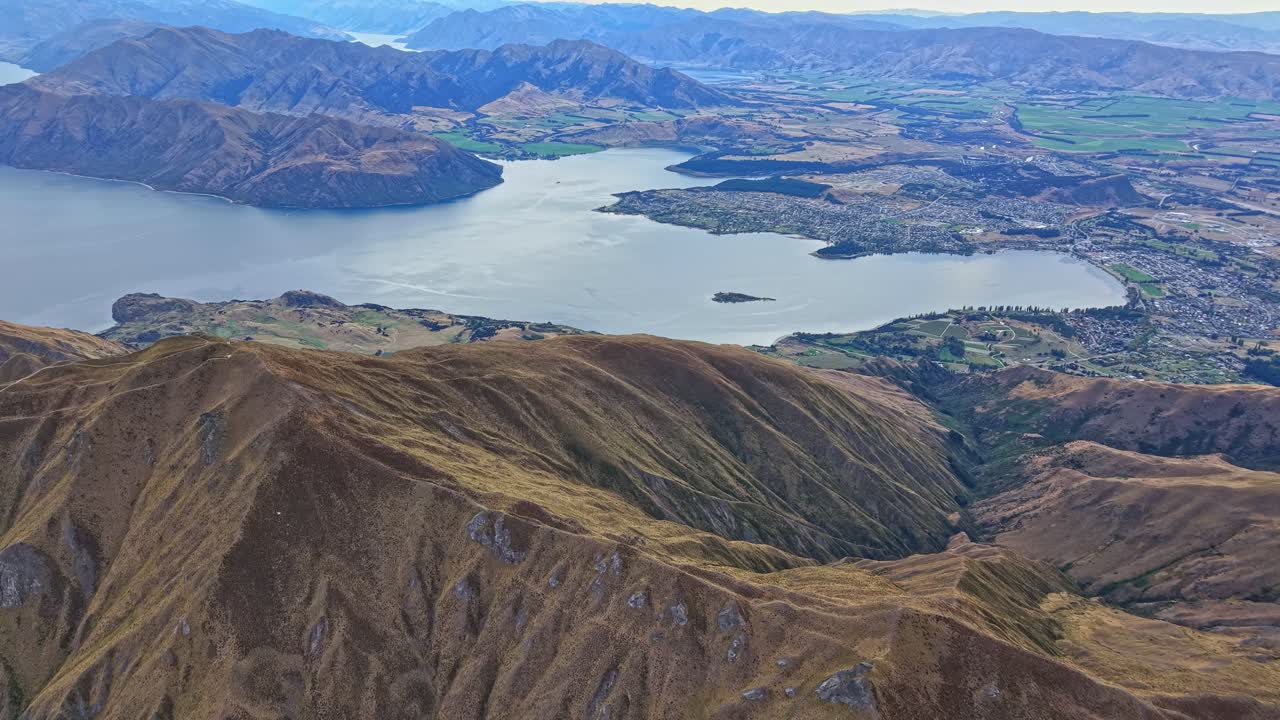 Aerial view of Roys Peak in Wanaka overlooking Lake Wanaka, New Zealand