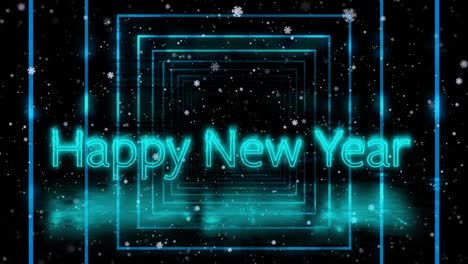 Animation-of-happy-new-year-text-in-blue-neon,-with-neon-squares-and-snowflakes-on-black-background