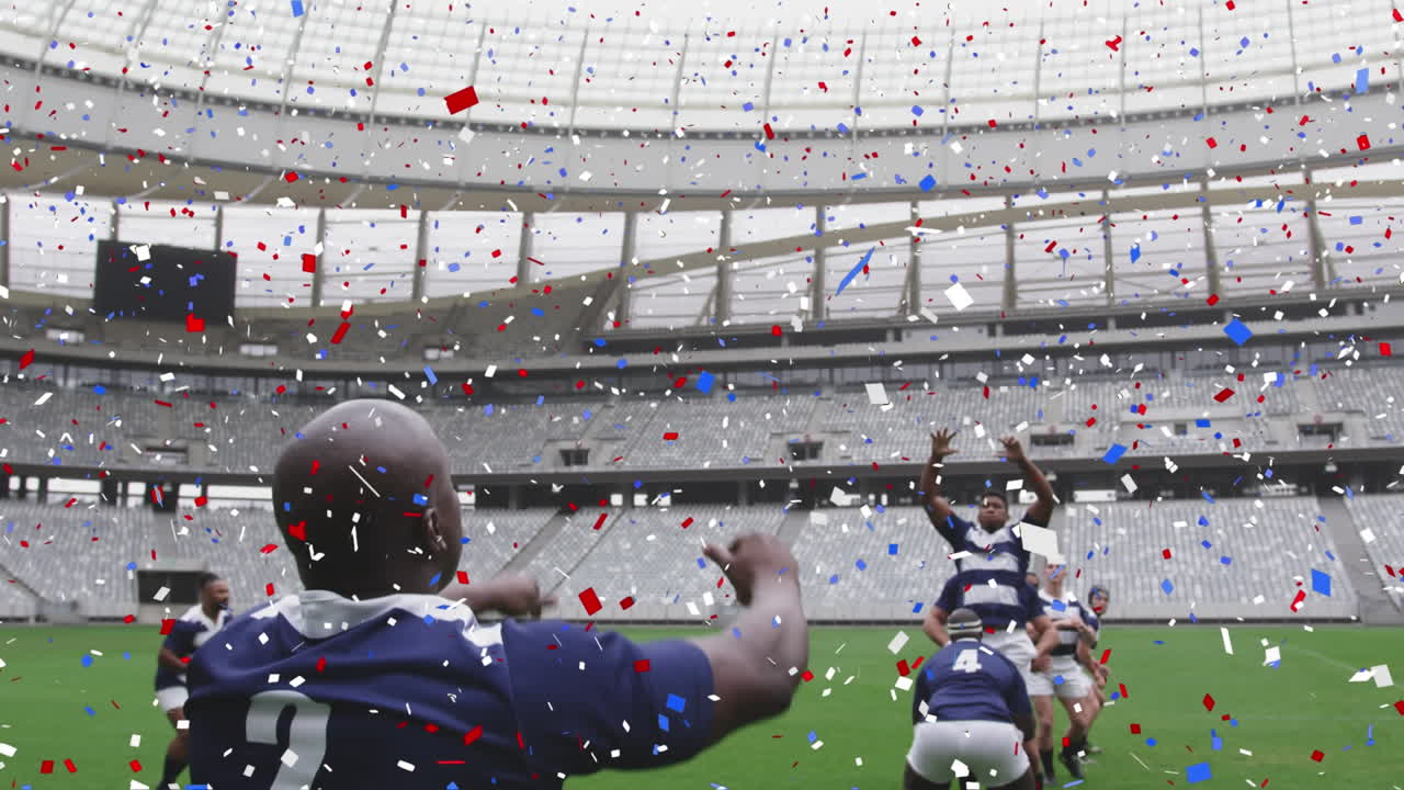경기장 에서 경기 중 남자 럭비 선수 들 위 에 있는 콘페티 의 애니메이션