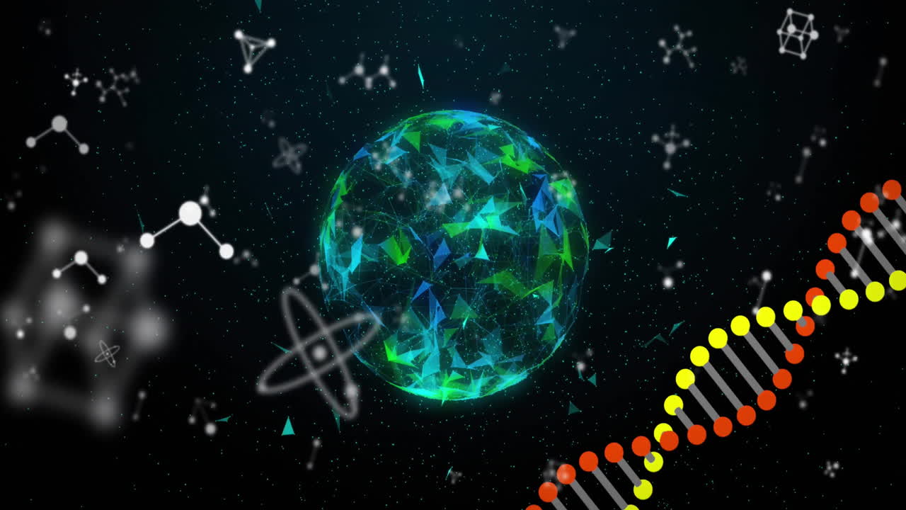 Animation of dna and data processing over globe on black background