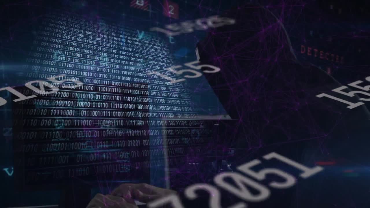 Animation of data processing over caucasian male hacker