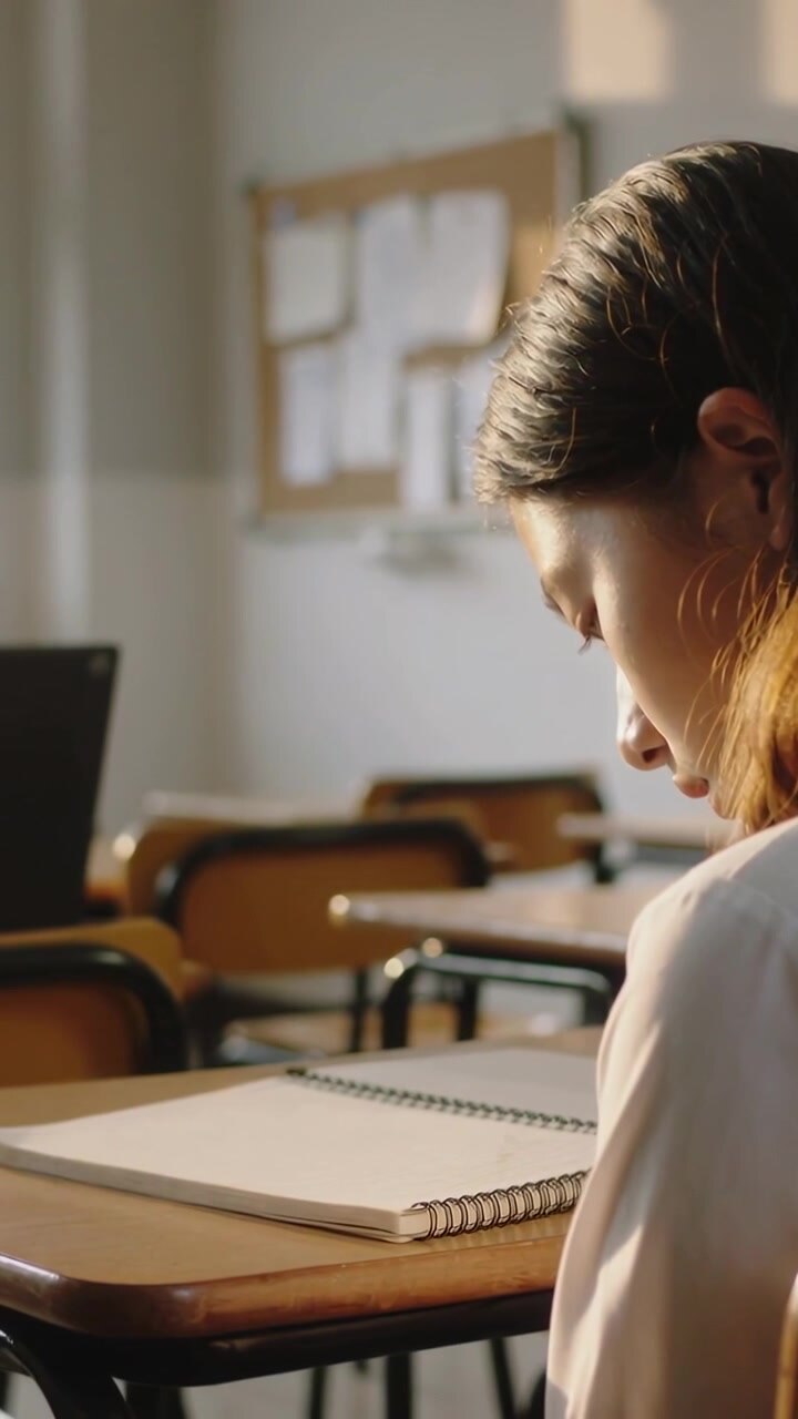 Vertikal video: Siddende elev i klasse i bluse læser spiralblok, studerer, med plads til tekst