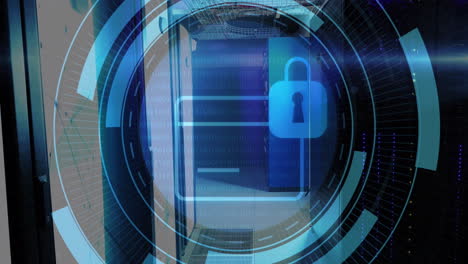 Animation of message block icon on round scanner and light trails against computer server room