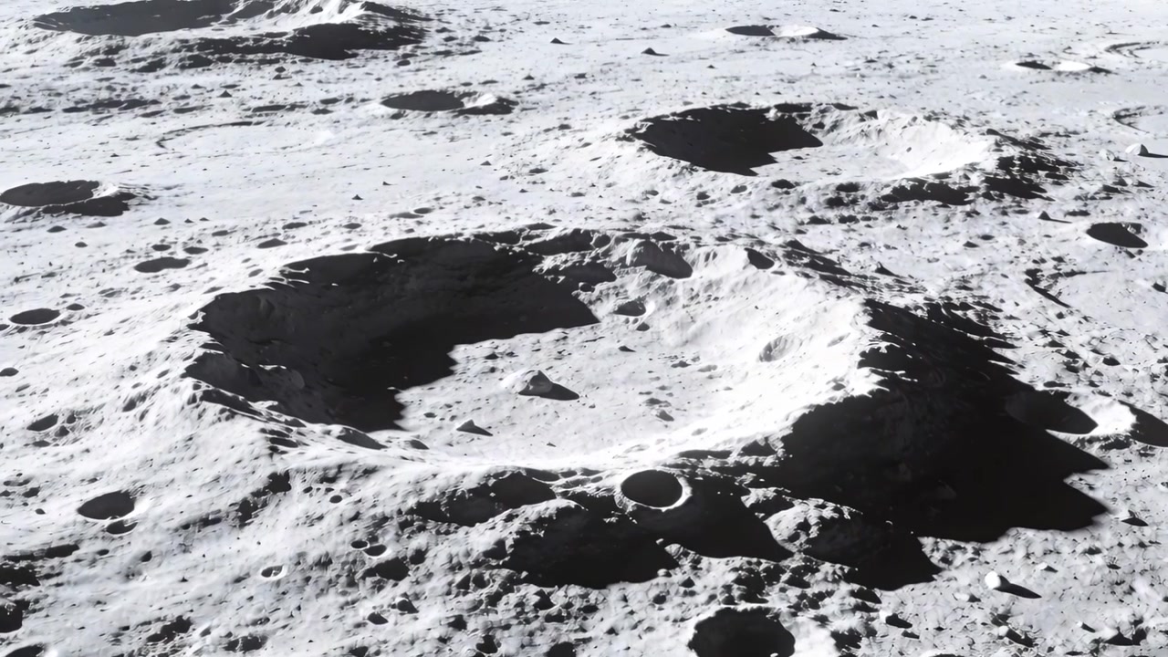 Orbiting camera approaching lunar crater for survey, showing rim, peak, overlapping crater, rocks
