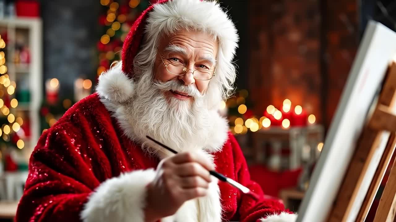A man in a santa claus outfit painting on an easel with a brush