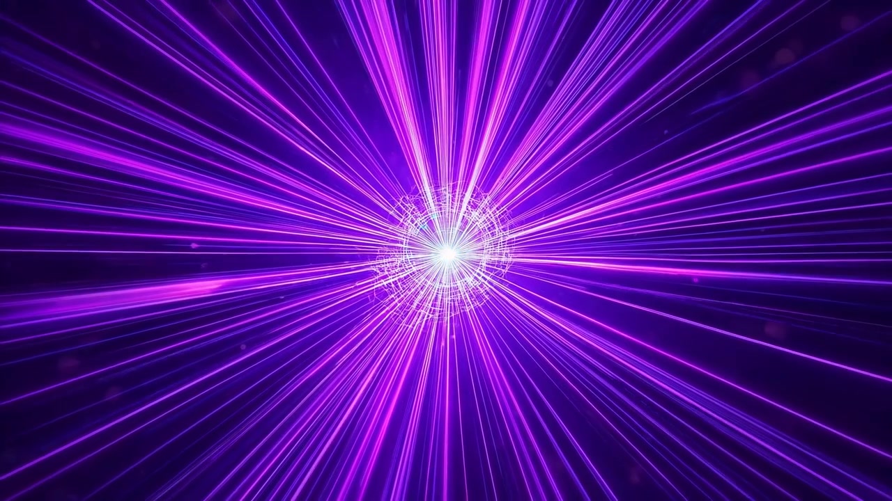 Pulsing wireframe-core orb shifting purple and emitting neon rays, simulating energy surge in space