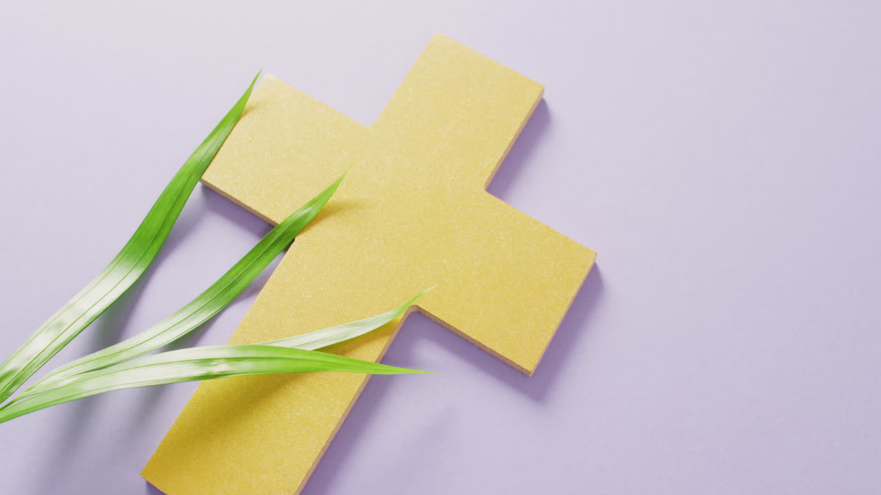 일요일  잎과 노란색 기독교 십자가의 비디오 리락 배경에 복사 공간