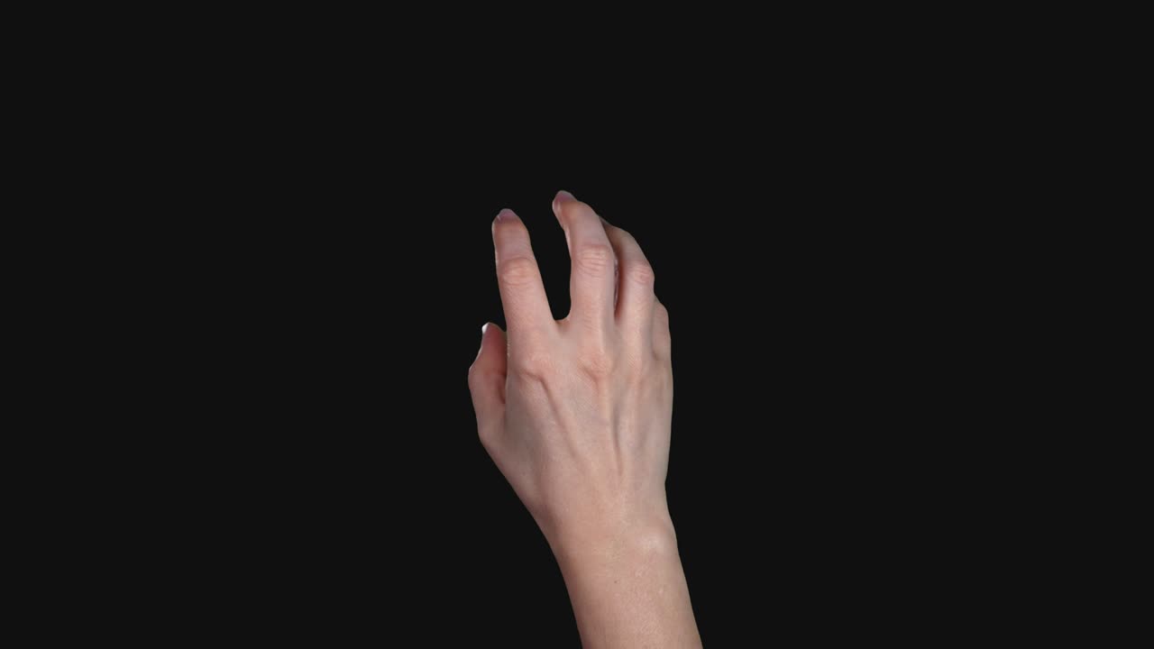 Set of 7 different pre keyed chroma key transparent full hand swipe grab zoom gestures on greenscreen womans hand