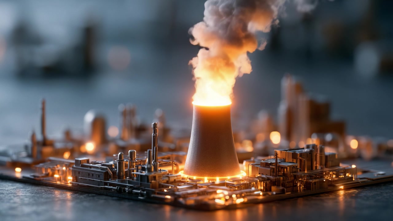 Eerie Glow of a Simulated Industrial Landscape: Smokestacks Erupt as a Symbol of Power Generation, Mechanisms, and Human Ingenuity in a Miniature World
