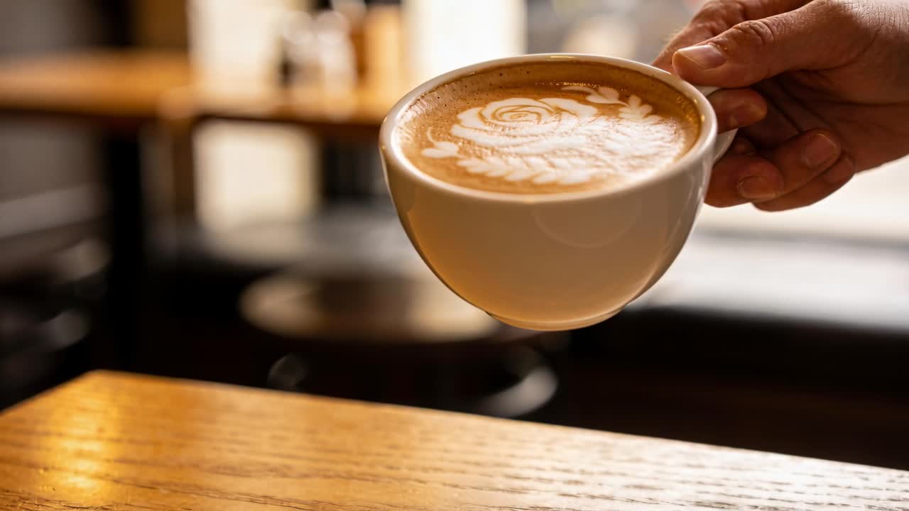 Una mano adulta guida una tazza di latte macchiato in ceramica bianca verso il basso in un caffè, mostrando l'arte del latte a forma di rosetta.