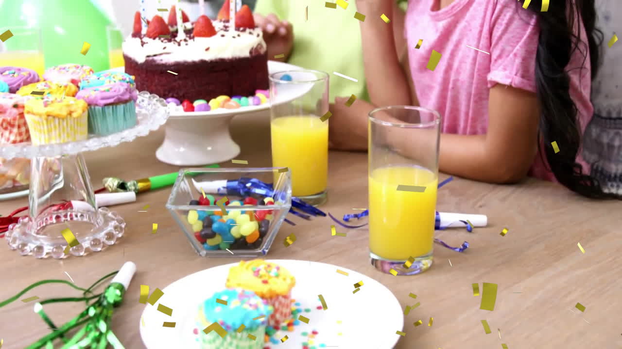 animación de confeti sobre niños disfrutando de una fiesta de cumpleaños con pastel y jugo