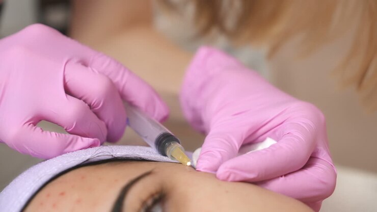 Hands of cosmetologist making injection in face. Aesthetic cosmetology.