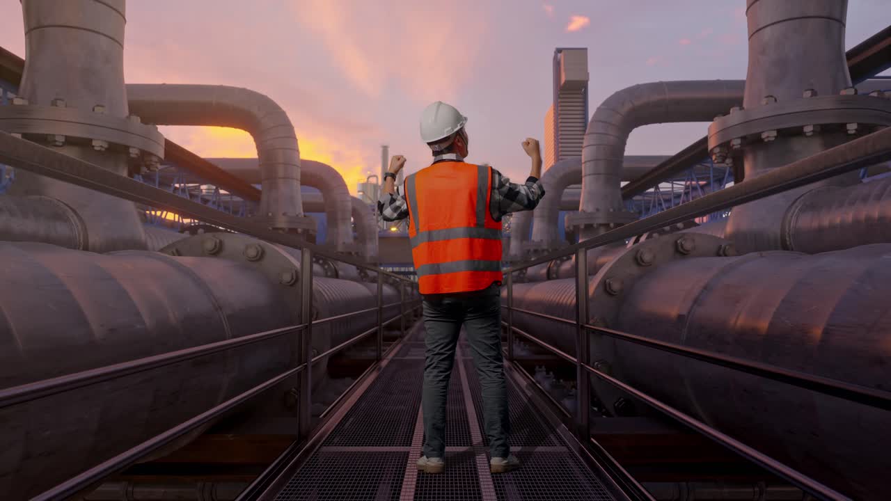 Helkropsbillede bagfra af en mandlig ingeniør med sikkerhedshjelm, der løfter hænderne i fejring, mens han arbejder, industrielt rørledningsnetværk ved solnedgang
