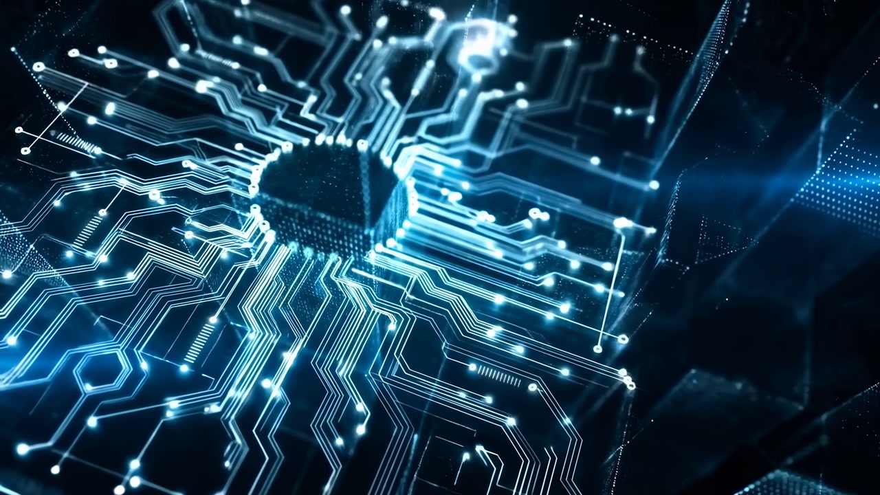 Detailed Microchip Circuit Glowing In Blue, Intricate PCB Traces And Processor Core Light Up With Pulse,