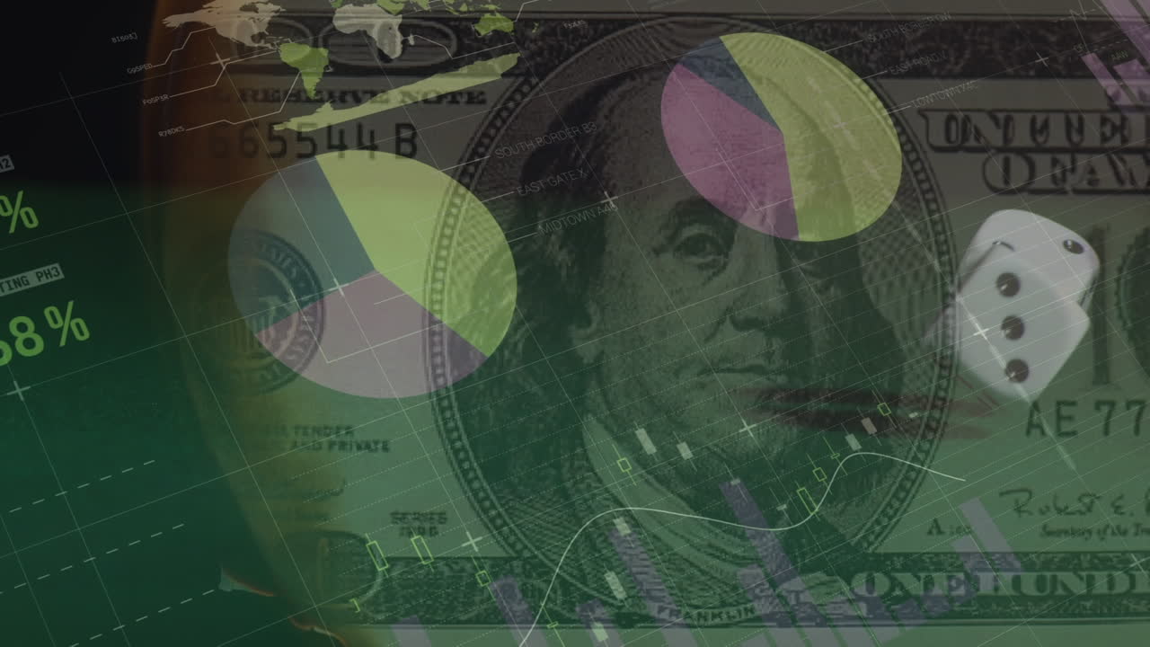 animación del procesamiento de datos sobre billetes y dados