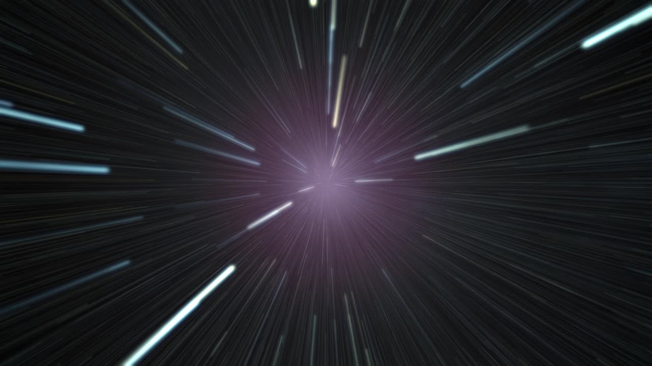 하이퍼스페이스 여행의 애니메이션: 홀을 통해 깊은 우주에서 에너지와 빛의 소용돌이와 별들이 왜곡되고 어지는 홀.