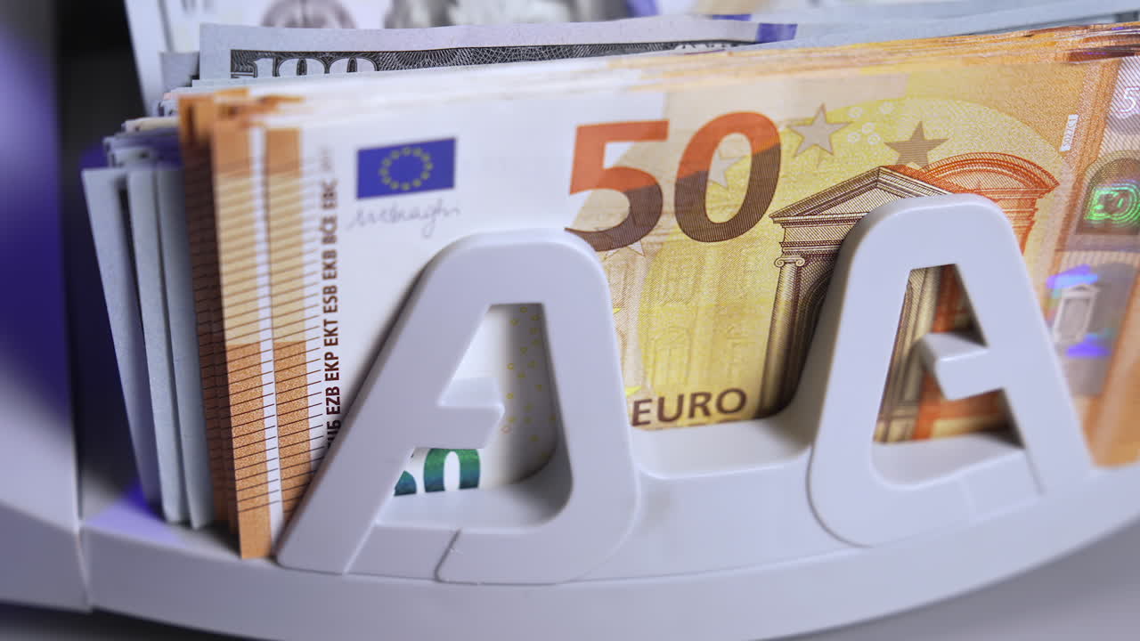 Paper money in counting machine. Many banknotes of fifty euro and dollar bills in the counting equipment. Financial transactions in bank. Close-up.