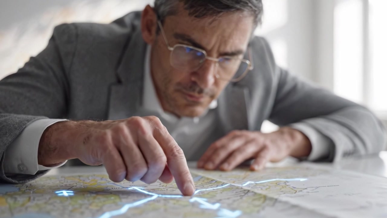 Focused man analyzing a detailed map in a bright space, tracing routes with his fingers, displaying deep concentration on his travel plans and navigation strategies.